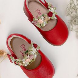 Hopits Self Designed & Floral Applique Detailed With Velcro Closure Mary Jane Ballerinas - Maroon-image-83