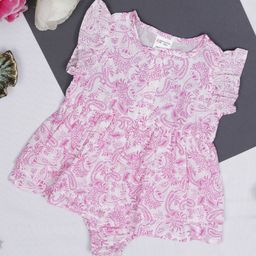 Creative Kids Rayon Flutter Sleeves Floral Printed Frock Style Onesie - Pink & White-image-43