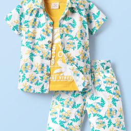 Rikidoos Cotton Knit Half Sleeves Floral Printed Coordinating Shirt & Shorts With Inner Tee Set - White & Yellow-image-83