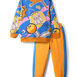 OLLINGTON ST. Cotton Full Sleeves Sweatshirt With Bowling Print & Knit Joggers - Blue & Brown-image-7