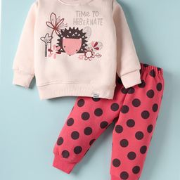 Teddy Sinker Knit Full Sleeves Night Suit With Text Print - Pink-image-30