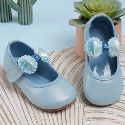 Neska Moda Sequins Embellished Bow Applique Detailed With Velcro Closure Mary Jane Ballerinas - Blue-image-95