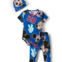 Babyhug Disney Interlock Knit Half Sleeves Onesie with Diaper Legging & Pony Cap Set with Mickey Mouse Print - Blue-picture-30