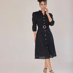 Urban Sundari Schiffli Belted A-Line Dress-picture-25