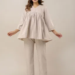 CORDSET Striped V-Neck Pure Cotton Top & Trouser-image-3