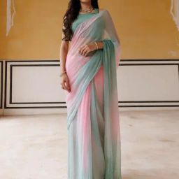 Geroo Jaipur Pink-Green Shaded Mukaish Hand Embroidered Chiffon Saree with Blouse-image-71
