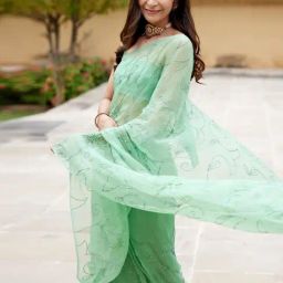 Geroo Jaipur Green Chiffon Handcrafted Sequins Jaal Saree image 2