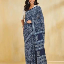 Fabindia Blue Cotton Regular Fit Printed Sarees-picture-37