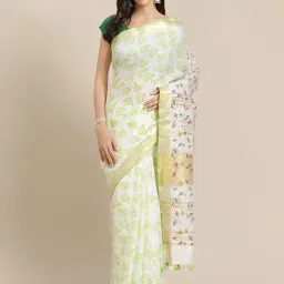 Kalakari India Off-White & Green Linen Printed Saree With Unstitched Blouse-picture-25