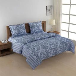 Swayam Vedic Grey & Blue Cotton 144 TC Bed Sheet With Pillow Cover & Comforter-image-70