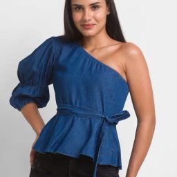 Spykar Blue Cotton One Shoulder Top-image-91