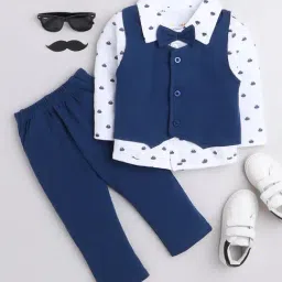 Bumzee Kids Navy & White Printed Full Sleeves Shirt, Waistcoat with Pants-image-83