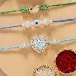 Karatcart Set of 3 Handmade Fish and Evil Eye Kundan Rakhis for Brother with Roli & Chawal image 1