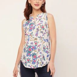 Moomaya Blue & Cream Cotton Floral Print Top-image-14