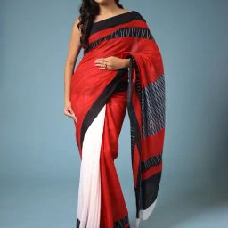 Zari Jaipur Red & White Cotton Printed Saree With Unstitched Blouse-picture-29