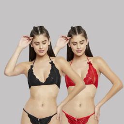 AROUSY Black & Red Self Pattern Bra Panty Set - Pack Of 2-picture-17