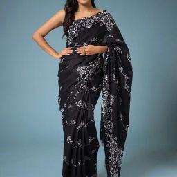 Zari Jaipur Black Cotton Printed Saree With Unstitched Blouse-picture-14