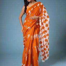 Zari Jaipur Orange & White Cotton Printed Saree With Unstitched Blouse-picture-33