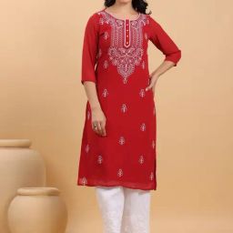 Janasya Red Embroidered Kurtas-picture-12