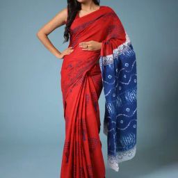 Zari Jaipur Red & Blue Cotton Printed Saree With Unstitched Blouse-picture-25
