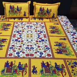 Aura White & Yellow Ethnic Motifs Printed 144 TC Cotton Queen Bedsheet Set 2.10 m x 2.30 m-image-68