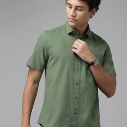 Blackberrys Men Olive Green Cotton Linen Slim Fit Casual Shirt-image-60