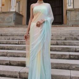 Geroo Jaipur Multi Shaded Mukaish Jaal Hand Embroidered Chiffon Saree with Blouse-image-31