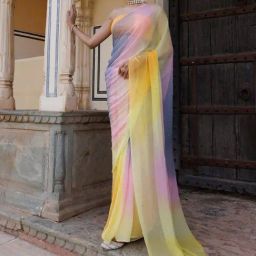 Geroo Jaipur Multi Shaded Mukaish Hand Embroidered Chiffon Saree with Blouse-image-65