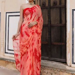 Geroo Jaipur Peach-Red Hand Dyed Shibori Bandhani Chiffon Saree with Blouse-picture-23