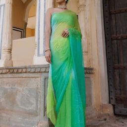 Geroo Jaipur Green Shaded Mukaish Jaal Hand Embroidered Chiffon Saree with Blouse-image-24