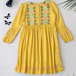 Bella Moda Girls Yellow Cotton Three Fourth Sleeves Floral Embroidered Knee Lenght Dress-image-25