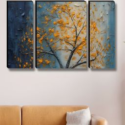 SAF Gold-Toned & Navy Blue 3 Pieces Tree Printed Wooden Wall Art-51
