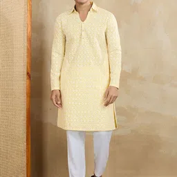 Inddus Floral Embroidered Chikankari Shirt Collar Straight Kurta With Trousers-image-41