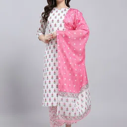 THE FAB FACTORY Floral Printed Notch Neck Straight Kurta With Trousers & Dupatta-image-4