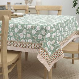 HOME AFFAIRS Green & White Floral Rectangle Cotton 6-Seater Table Cover-32