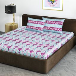 Divine Casa Floral Blend Cotton King Bedsheet with 2 Pillow Covers - Sky Blue & Pink-27