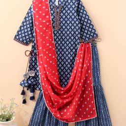Babyhug Three Fourth Sleeves Kurti & Sharara With Dupatta Printed- Indigo-image-10