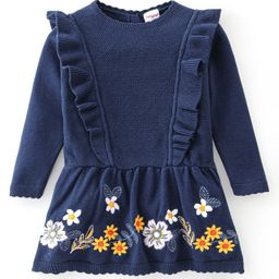 Babyhug Full Sleeves Woollen Dress Floral Design - Navy Blue-image-36