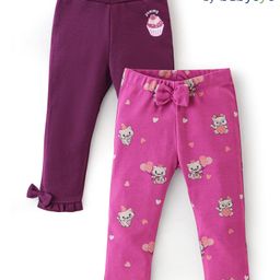 Babyoye Eco Conscious 100% Cotton Full Length Leggings With Kitty Print Pack Of 2 - Pink & Purple-image-83