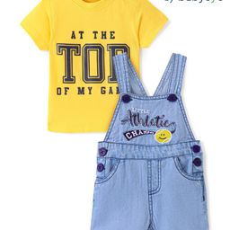 Babyoye 100% Cotton Woven Dungaree With Half Sleeves T-Shirt Text Print - Blue & Yellow-picture-7