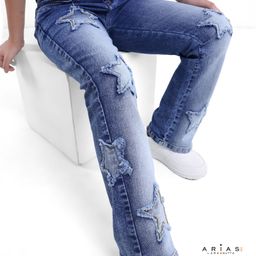 Arias Cotton Stretch Flare Full Length Jeans With Applique and Rhinestone Detailing - Medium Wash Blue-image-31