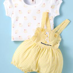 ToffyHouse Interlock Knit Dungaree with Half Sleeves T-Shirt with Checks Duck Print & Embroidery - Yellow & White-picture-45