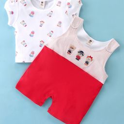 ToffyHouse Interlock Cotton Dungaree Style Romper with Inner Tee Teddy Printed - Red & White-image-21