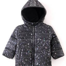 Babyhug Woven Full Sleeves Space Theme Foil Printed Padded Hooded Winter Jacket - Black-image-56