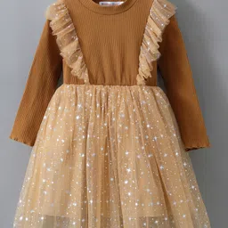Kookie Kids Full Sleeves Glitter Printed Party Frock with Frill Detailing - Brown-picture-33
