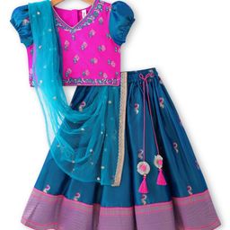 Babyhug Woven Short Sleeves Brocade Pattu Pavada Lehenga Choli & Dupatta Set - Teal-image-21