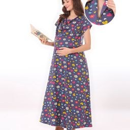 Bella Mama Cotton Knit Half Sleeves Maternity Nursing Nighty with  Concealed Zipper Floral Print - Grey-picture-0