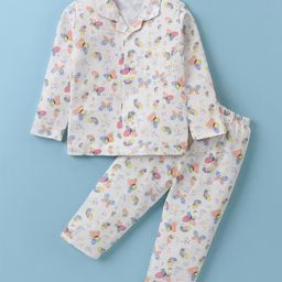 Ben Benny 100% Cotton Knit Full Sleeves Collared Night Suit With Butterflies Print - Off White-image-79