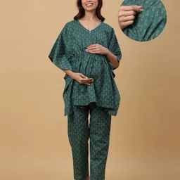Ikk Kudi by Seerat Cotton Woven Three Fourth Batwing Sleeves Floral Motif Printed Kaftan Top With Zipper Nursing Access & Pant Set - Green-picture-34