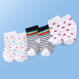 Doodle Poodle Cotton Knit Ankle Length Striped & Star Designed  Socks Pack of 3 -  White-picture-3